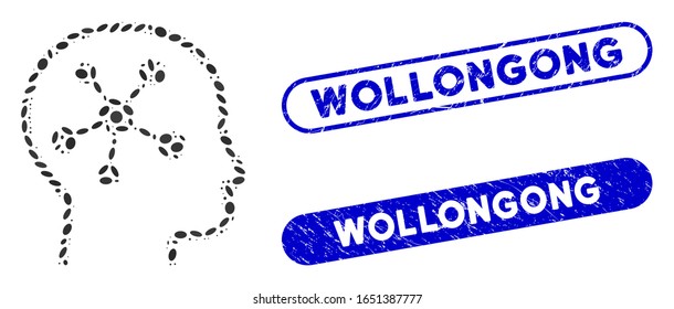 Sello de estampado de cabeza mosaico y estampado con frase Wollongong. El cerebro de la cabeza del vector mosaico se compone de elementos ovales dispersos. Los sellos de sello Wollongong utilizan el color azul,