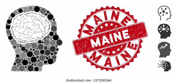 Mosaic head brain icon and rubber stamp seal with Maine text. Mosaic vector is formed with head brain icon and with random spheric elements. Maine stamp seal uses red color, and distress design.