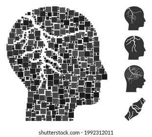 Mosaic Head cancer icon united from square items in various sizes and color hues. Vector square items are united into abstract mosaic head cancer icon. Bonus pictograms are added.