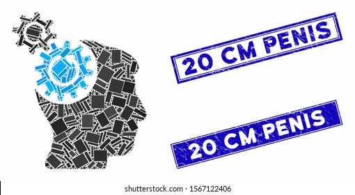 Mosaic head cogs rotation icon and rectangle seals. Flat vector head cogs rotation mosaic icon of scattered rotated rectangle items. Blue caption seals with dirty textures.