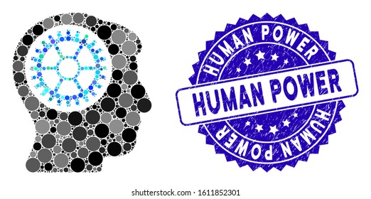 Mosaic head cogwheel icon and rubber stamp watermark with Human Power caption. Mosaic vector is formed with head cogwheel icon and with randomized spheric items.