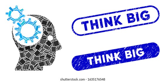 Mosaic head gears and corroded stamp seals with Think Big phrase. Mosaic vector head gears is created with randomized rectangle items. Think Big stamp seals use blue color,