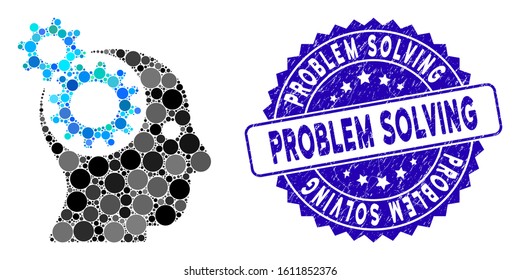 Mosaic head gears icon and rubber stamp seal with Problem Solving phrase. Mosaic vector is composed with head gears icon and with randomized circle items. Problem Solving stamp seal uses blue color,