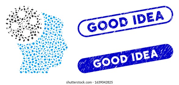 Mosaic head gearwheel and grunge stamp seals with Good Idea phrase. Mosaic vector head gearwheel is created with random elliptic pieces. Good Idea seals use blue color, and have round rectangle shape.