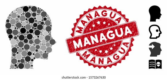 Mosaic head icon and rubber stamp watermark with Managua text. Mosaic vector is designed with head icon and with scattered circle elements. Managua stamp seal uses red color, and rubber surface.