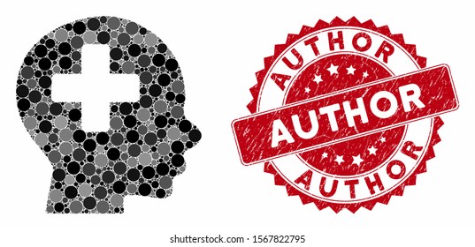 Mosaic head medicine and grunge stamp seal with Author caption. Mosaic vector is composed with head medicine icon and with randomized spheric items. Author stamp seal uses red color,