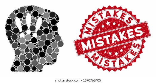 Mosaic head problems and distressed stamp seal with Mistakes caption. Mosaic vector is formed with head problems icon and with randomized circle elements. Mistakes stamp seal uses red color,