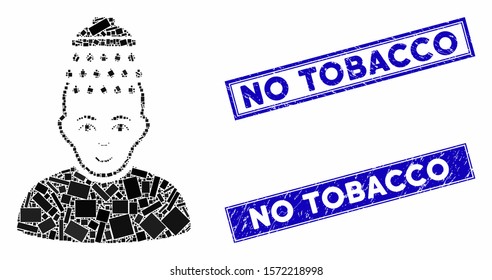 Mosaic head shower pictogram and rectangle No Tobacco watermarks. Flat vector head shower mosaic pictogram of randomized rotated rectangle elements. Blue No Tobacco watermarks with grunged surface.