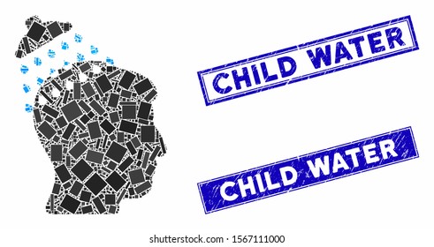 Mosaic head shower pictogram and rectangular stamps. Flat vector head shower mosaic pictogram of randomized rotated rectangle elements. Blue caption rubber stamps with distress texture.