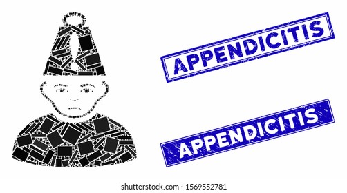 Mosaic head stress icon and rectangular watermarks. Flat vector head stress mosaic icon of random rotated rectangular items. Blue caption rubber stamps with rubber texture.