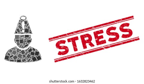 Mosaic head stress icon and red Stress seal stamp between double parallel lines. Flat vector head stress mosaic icon of scattered rotated rectangular items. Red Stress seal with distress surface.