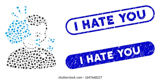 Mosaic head strike and rubber stamp seals with I Hate You caption. Mosaic vector head strike is created with random ellipse spots. I Hate You stamp seals use blue color,