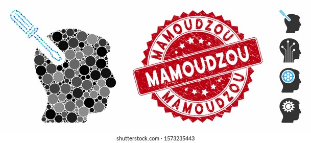 Mosaic head surgery screwdriver icon and grunge stamp seal with Mamoudzou text. Mosaic vector is created with head surgery screwdriver icon and with scattered circle spots.