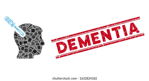 Mosaic head surgery screwdriver icon and red Dementia stamp between double parallel lines. Flat vector head surgery screwdriver mosaic icon of random rotated rectangular elements.