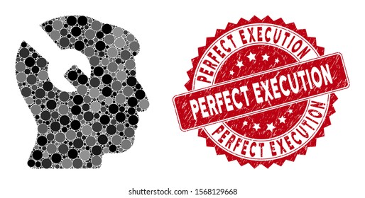 Mosaic head surgery wrench and grunge stamp seal with Perfect Execution phrase. Mosaic vector is created with head surgery wrench icon and with scattered round elements.