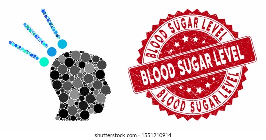 Mosaic head test connectors and distressed stamp seal with Blood Sugar Level caption. Mosaic vector is composed from head test connectors icon and with random spheric items.