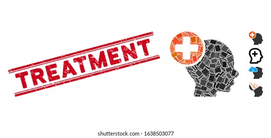 Mosaic head treatment pictogram and red Treatment seal stamp between double parallel lines. Flat vector head treatment mosaic pictogram of randomized rotated rectangular items.