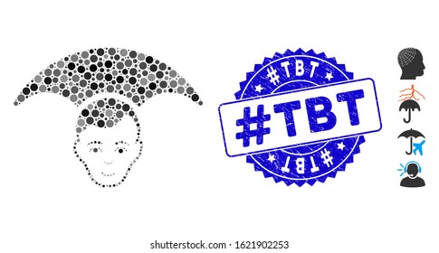 Mosaic head umbrella icon and distressed stamp seal with #Tbt caption. Mosaic vector is formed with head umbrella icon and with randomized spheric elements. #Tbt stamp seal uses blue color,