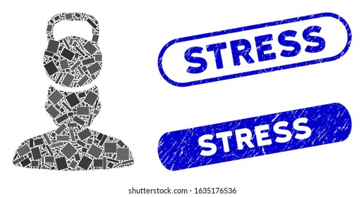 Mosaic head weight stress and grunge stamp seals with Stress text. Mosaic vector head weight stress is created with random rectangle items. Stress stamp seals use blue color,