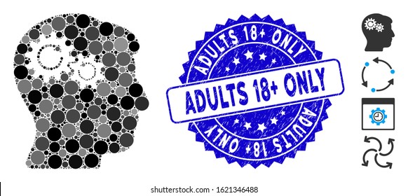 Mosaic head wheels rotation icon and corroded stamp seal with Adults 18+ Only caption. Mosaic vector is created with head wheels rotation icon and with scattered spheric spots.