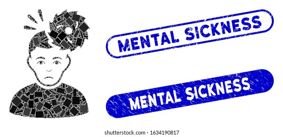 Mosaic headache and distressed stamp seals with Mental Sickness caption. Mosaic vector headache is composed with scattered rectangle items. Mental Sickness stamp seals use blue color,