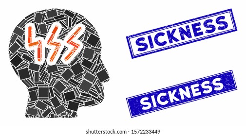 Mosaic headache icon and rectangular Sickness watermarks. Flat vector headache mosaic icon of randomized rotated rectangular elements. Blue Sickness watermarks with grunge surface.