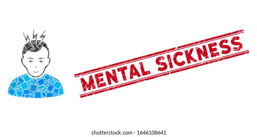 Mosaic headache icon and red Mental Sickness stamp between double parallel lines. Flat vector headache mosaic icon of scattered rotated rectangle items.