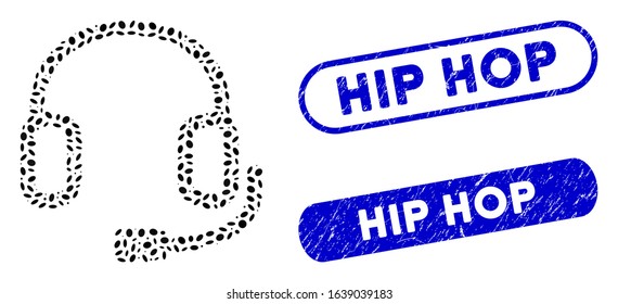 Mosaic headset and distressed stamp seals with Hip Hop phrase. Mosaic vector headset is designed with randomized ellipse spots. Hip Hop stamp seals use blue color, and have round rectangle shape.