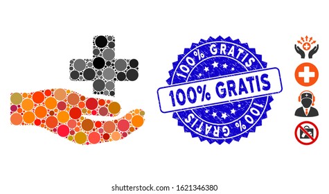 Mosaic health care donation icon and grunge stamp seal with 100% Gratis text. Mosaic vector is created with health care donation icon and with scattered round spots.