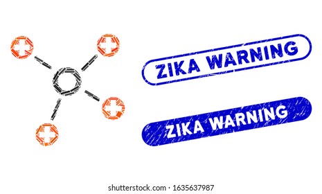 Mosaic health care links and distressed stamp seals with Zika Warning phrase. Mosaic vector health care links is designed with random rectangle items. Zika Warning stamp seals use blue color,