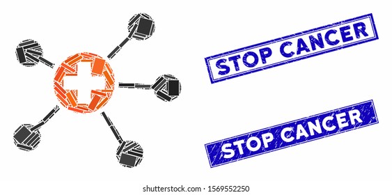 Mosaic health care links pictogram and rectangle stamps. Flat vector health care links mosaic pictogram of randomized rotated rectangle elements. Blue caption stamp imprints with grunge texture.