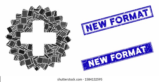 Mosaic health care stamp pictogram and rectangle New Format stamps. Flat vector health care stamp mosaic pictogram of randomized rotated rectangle items.