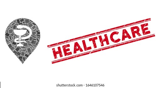 Mosaic healthcare snake marker pictogram and red Healthcare rubber print between double parallel lines. Flat vector healthcare snake marker mosaic pictogram of scattered rotated rectangular items.