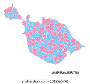 Mosaic Heard and McDonald Islands map of love hearts in pink and blue colors isolated on a white background. Lovely heart collage in shape of Heard and McDonald Islands map.
