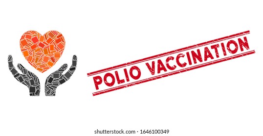Mosaic heart care pictogram and red Polio Vaccination seal stamp between double parallel lines. Flat vector heart care mosaic pictogram of random rotated rectangle items.
