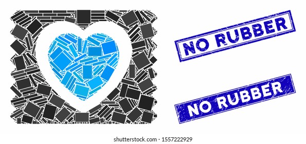 Mosaic heart condom pack icon and rectangle seals. Flat vector heart condom pack mosaic icon of randomized rotated rectangular elements. Blue caption stamp imprints with distress textures.