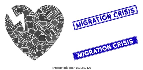 Mosaic heart crack icon and rectangle Migration Crisis stamps. Flat vector heart crack mosaic icon of randomized rotated rectangle items. Blue Migration Crisis stamps with scratched texture.