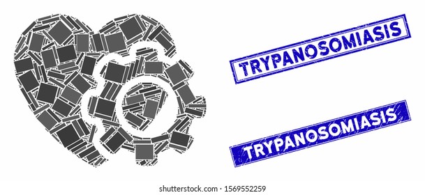 Mosaic heart gear pictogram and rectangle stamps. Flat vector heart gear mosaic icon of randomized rotated rectangle elements. Blue caption rubber seals with rubber textures.