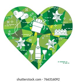 Mosaic heart with gift, balloons, cake, lily, stemware, bottle. Greeting card Valentine's Day. Design for banner, poster or print.