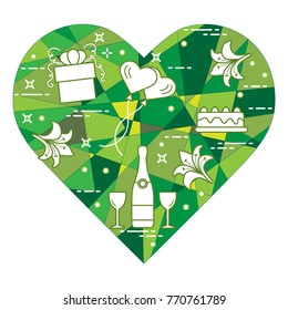 Mosaic heart with gift, balloons, cake, lily, stemware, bottle. Greeting card Valentine's Day. Design for banner, poster or print.