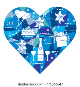 Mosaic heart with gift, balloons, cake, lily, stemware, bottle. Greeting card Valentine's Day. Design for banner, poster or print.
