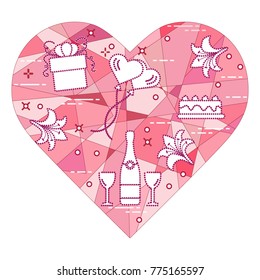 Mosaic heart with gift, balloons, cake, lily, stemware, bottle. Greeting card Valentine's Day. Design for banner, poster or print.