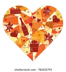 Mosaic heart with gift, balloons, cake, lily, stemware, bottle. Greeting card Valentine's Day. Design for banner, poster or print.