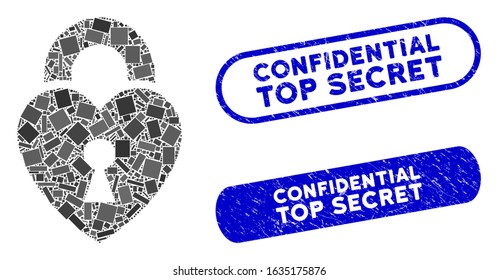 Mosaic heart lock and rubber stamp seals with Confidential Top Secret text. Mosaic vector heart lock is created with randomized rectangles. Confidential Top Secret seals use blue color,