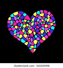 Mosaic heart on black background. Ceramic tile texture. Easy to recolor. All  colors are grouped. 