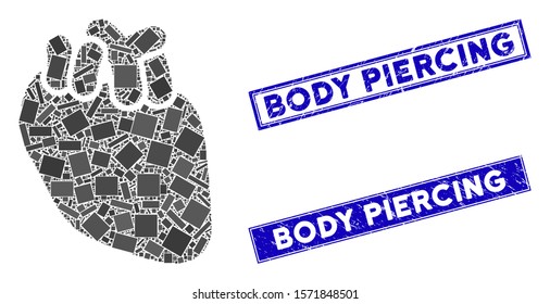 Mosaic heart organ icon and rectangle Body Piercing rubber prints. Flat vector heart organ mosaic icon of randomized rotated rectangle elements. Blue Body Piercing rubber seals with distress surface.