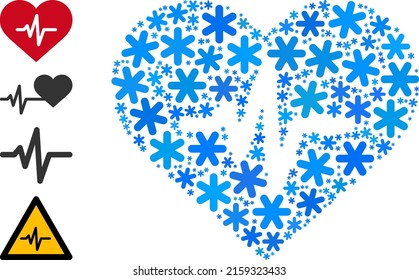 Mosaic heart pulse icon is created for winter, New Year, Christmas. Heart pulse icon mosaic is organized from light blue ice crystals. Some bonus icons are added.