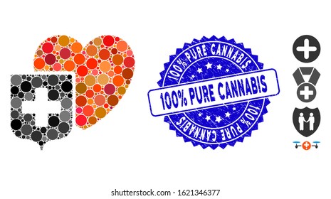Mosaic heart shield icon and rubber stamp seal with 100% Pure Cannabis caption. Mosaic vector is formed with heart shield icon and with scattered spheric elements.