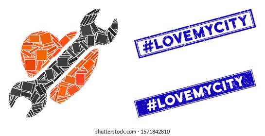 Mosaic heart surgery pictogram and rectangle #Lovemycity seal stamps. Flat vector heart surgery mosaic pictogram of random rotated rectangular elements.