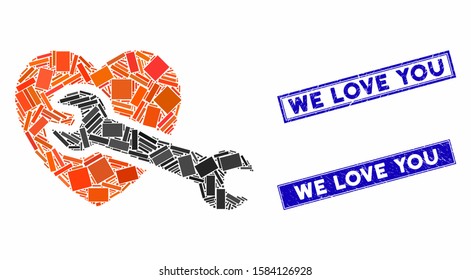 Mosaic heart surgery pictogram and rectangle We Love You rubber prints. Flat vector heart surgery mosaic pictogram of randomized rotated rectangular items.